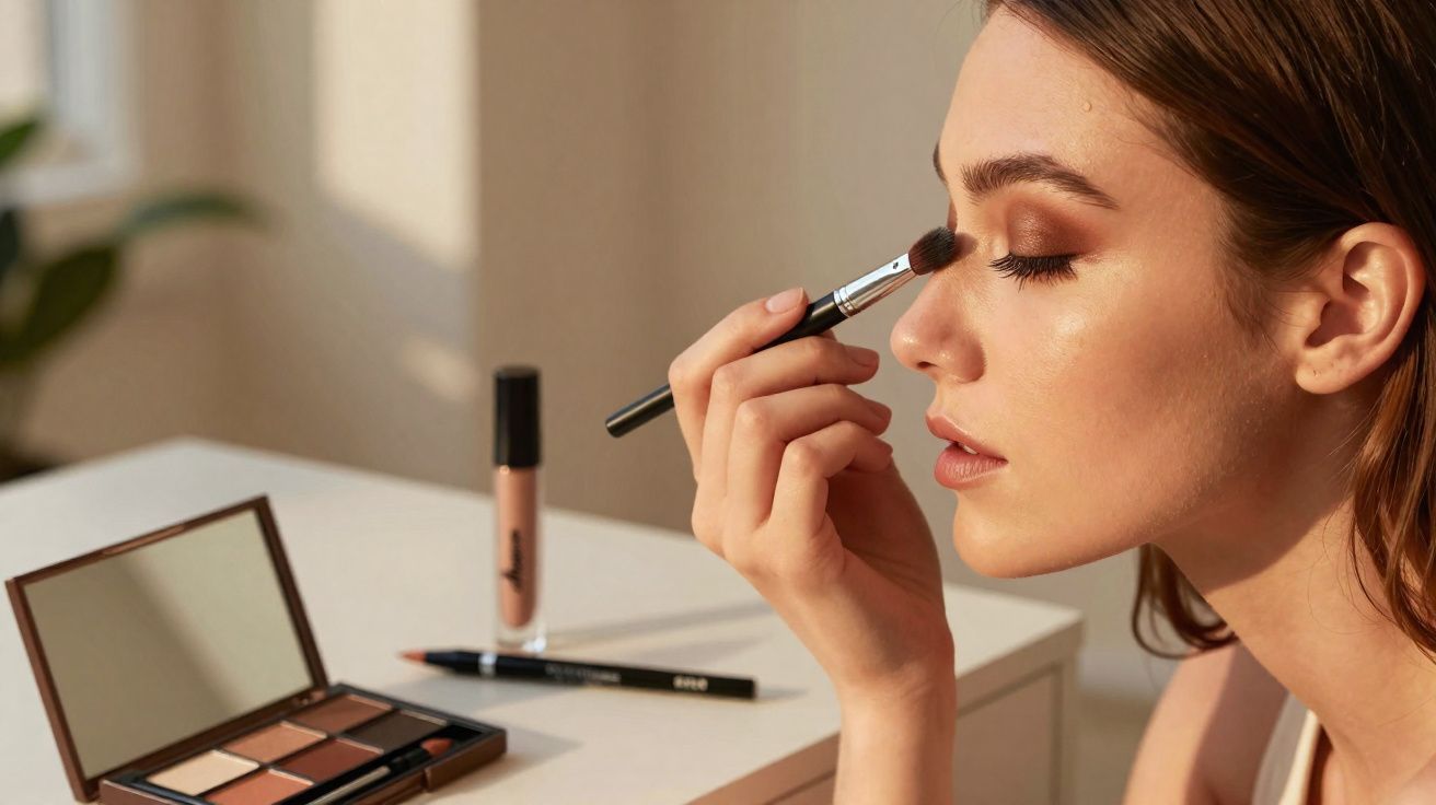 Mulher aplicando sombra nos olhos com pincel, próximo a paleta de maquiagem e produtos sobre a mesa.
