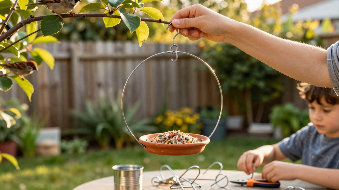 Mão segurando comedouro de pássaros pendurado em galho com pássaro, criança desenhando ao fundo no jardim.