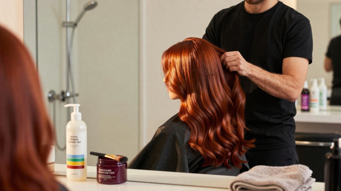Homem arrumando o cabelo ruivo e ondulado de mulher sentada em cadeira de salão de beleza.