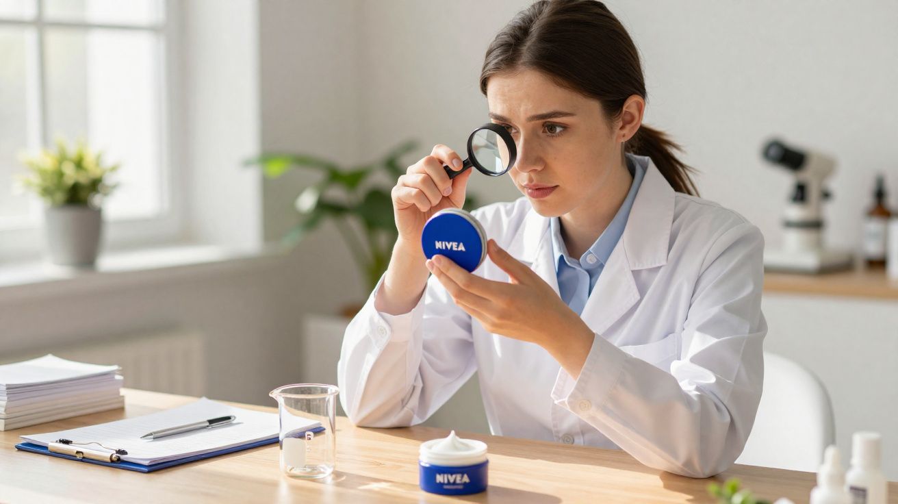 Mulher de jaleco analisando pote de creme Nivea com lupa em laboratório iluminado.