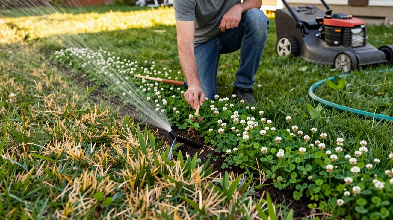 Pessoa regando plantas e cuidando do jardim com regador e cortador de grama ao fundo.