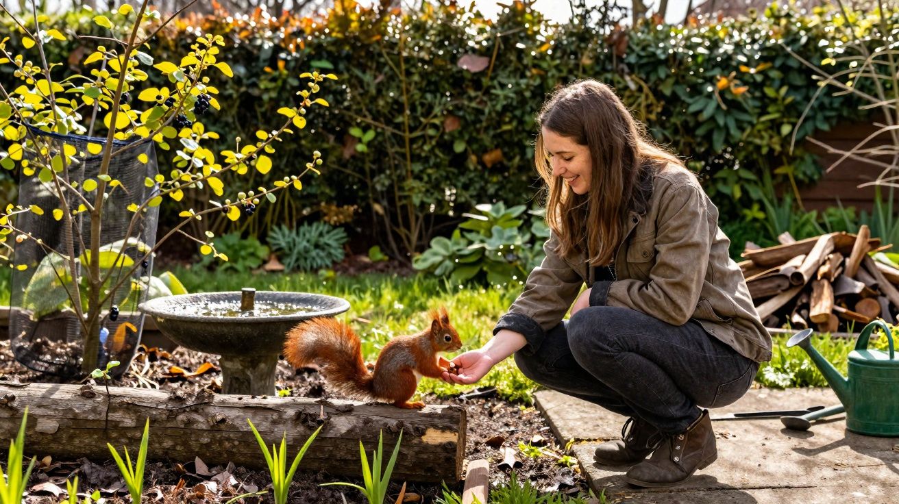 Mulher alimenta esquilo em jardim com plantas, regador e tronco, em dia ensolarado.