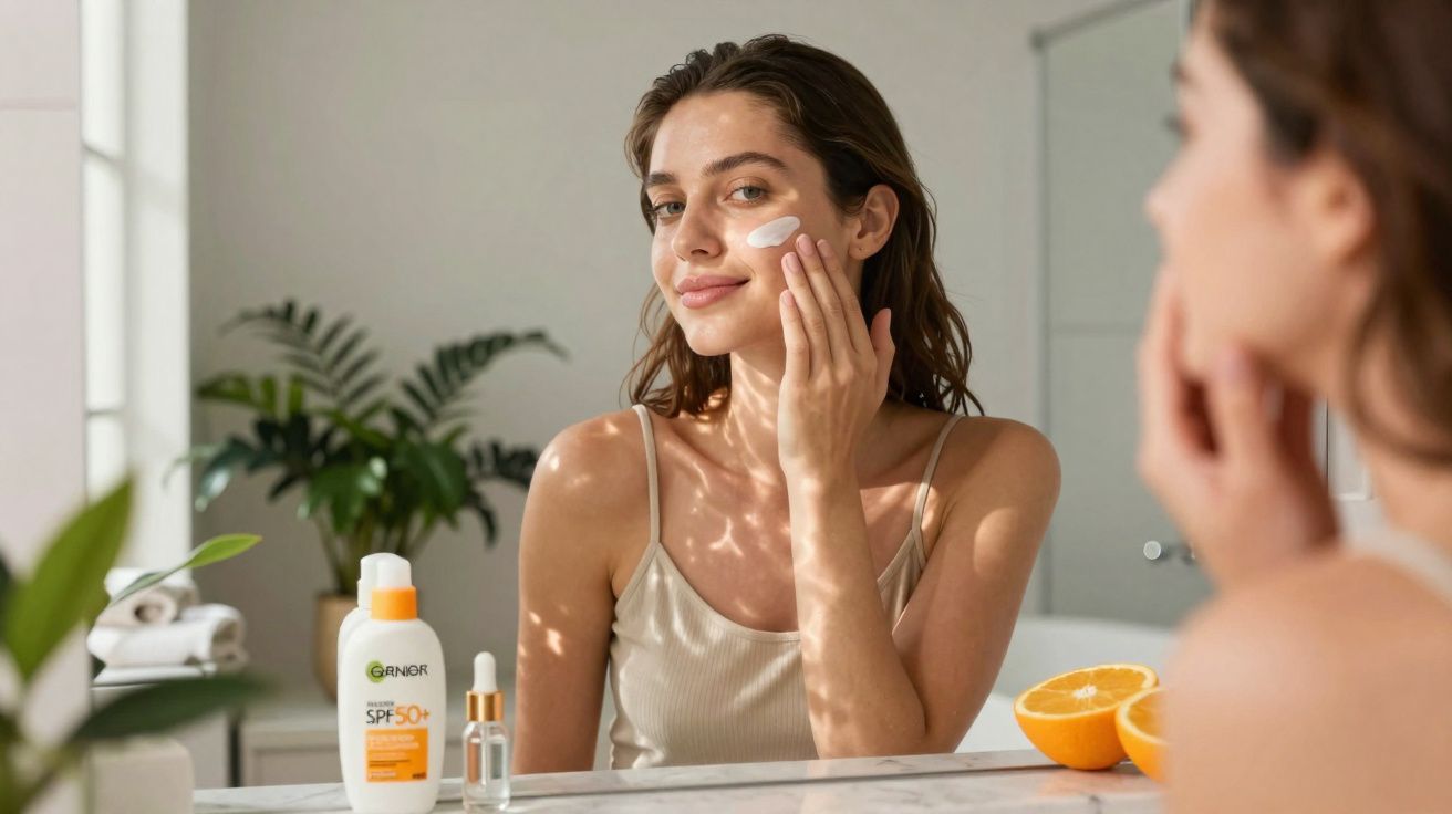 Mulher aplica protetor solar no rosto em frente ao espelho com ambiente claro e plantas ao fundo.