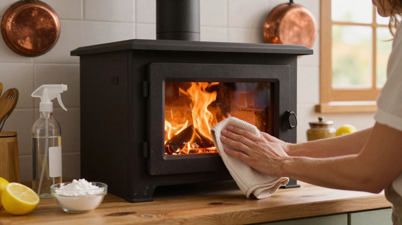 Pessoa limpando a porta de vidro de um fogão a lenha com fogo aceso na cozinha.