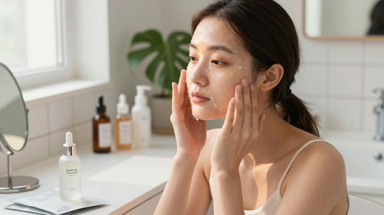 Mulher aplicando soro facial no rosto em banheiro com produtos de skincare sobre a bancada.