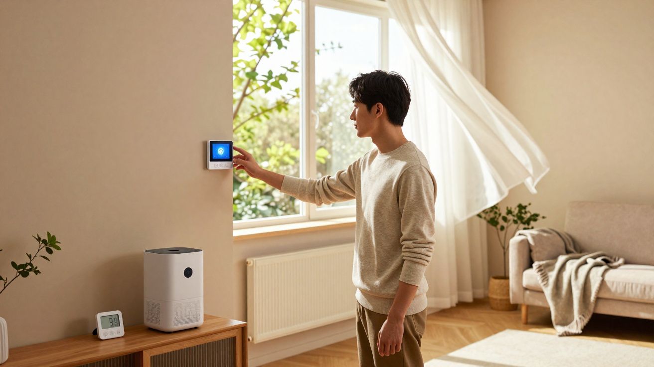 Homem ajustando termostato digital em sala iluminada com janela e móveis modernos.