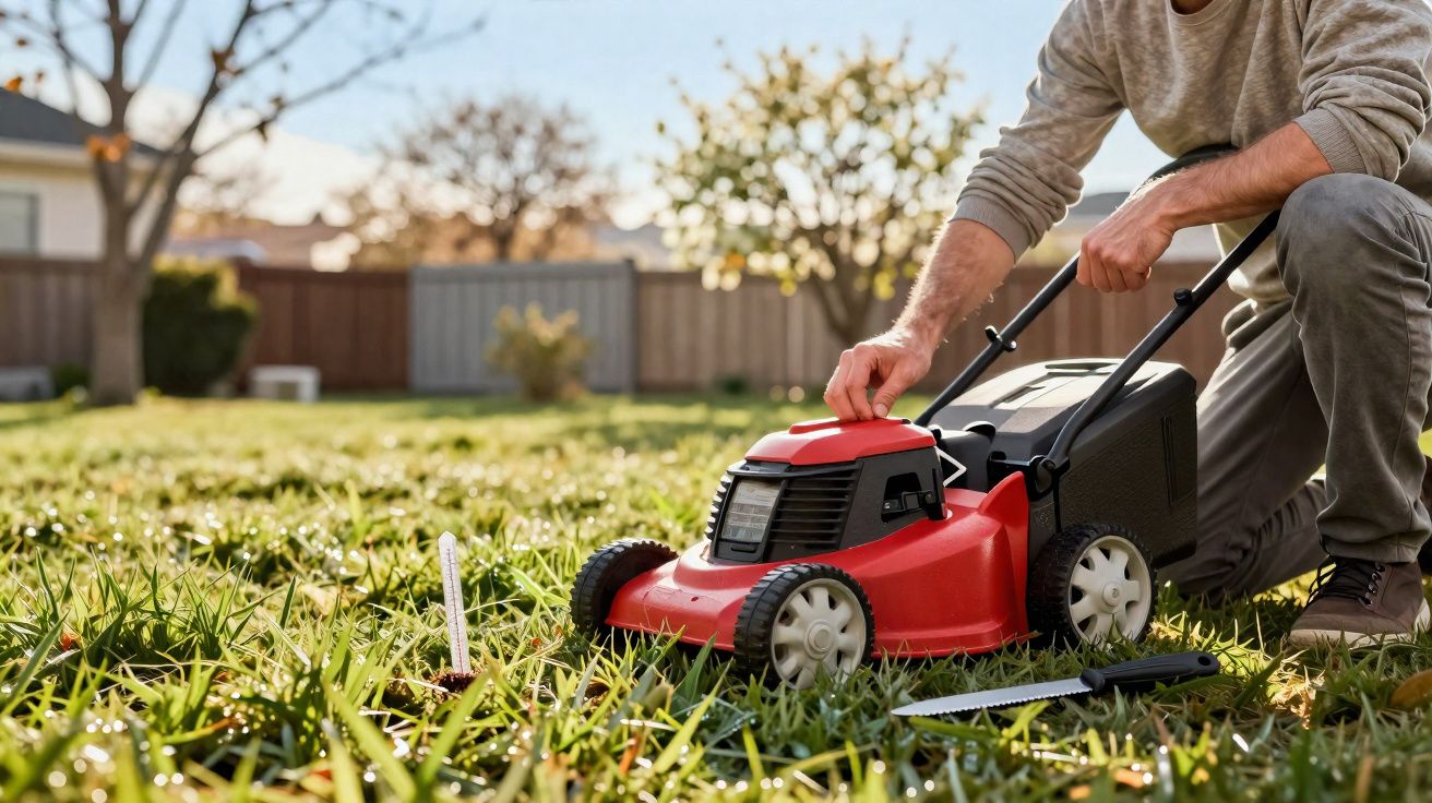 Pessoa ajustando cortador de grama vermelho em jardim gramado ensolarado cercado por árvores e casas.