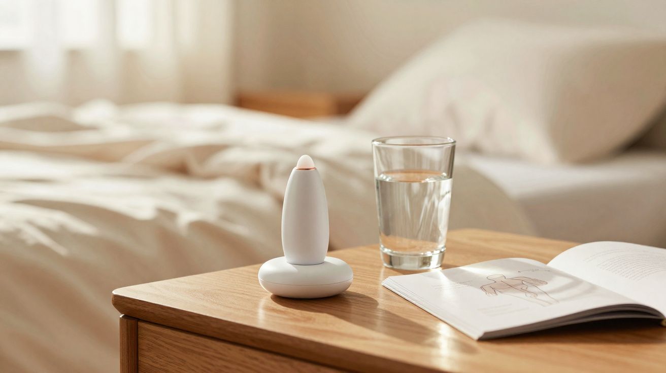 Um copo de água, um livro aberto e um dispositivo branco em mesa de madeira ao lado da cama.