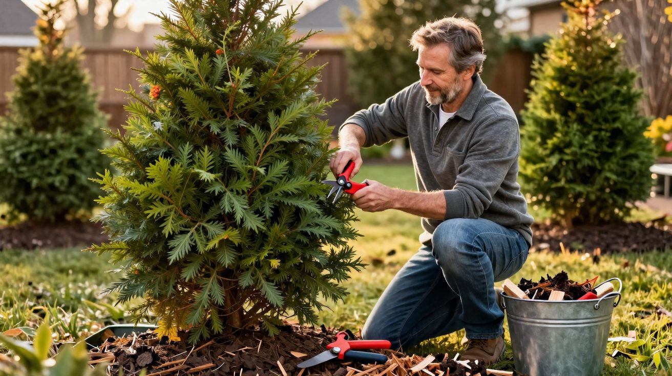 Homem cuidando de planta arbórea em jardim com tesoura de poda ao redor, em dia ensolarado.