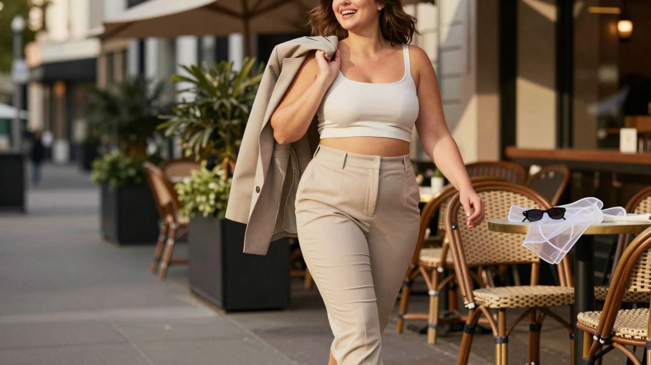 Mulher sorrindo veste calça e blazer bege, top branco, caminha em calçada próxima a café com mesas e cadeiras.