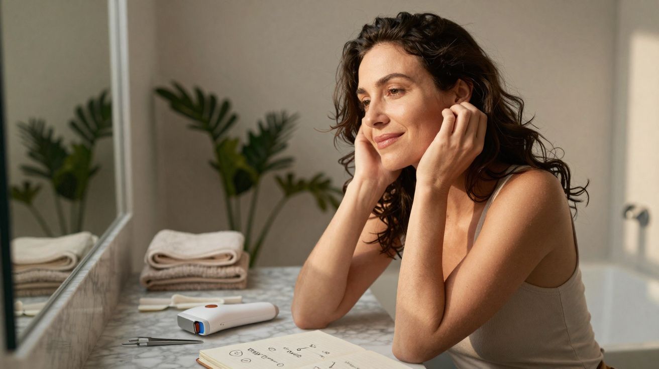 Mulher sorrindo olhando para espelho com caderno e dispositivos de beleza sobre mesa de mármore.