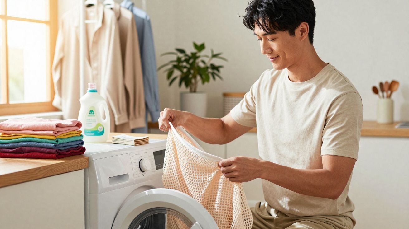 Homem sorridente retirando roupas da lavadora em lavanderia organizada e iluminada.