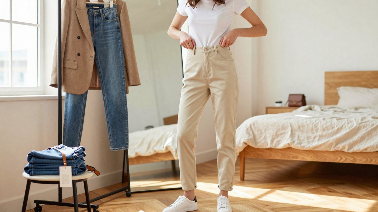 Mulher vestindo camiseta branca e calça bege em quarto com jeans e blazer pendurados em cabide.