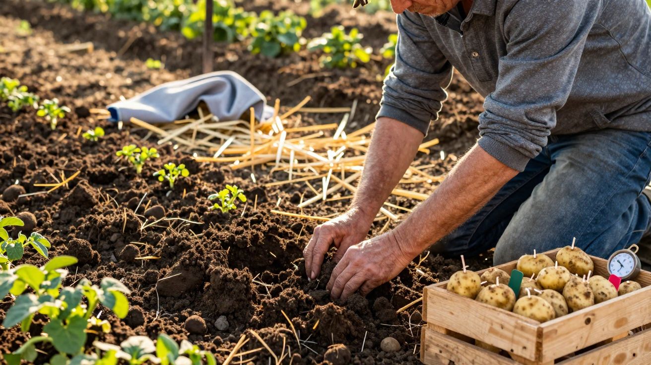 Homem plantando batatas na terra em uma horta com caixa de batatas ao lado e marcador de temperatura.