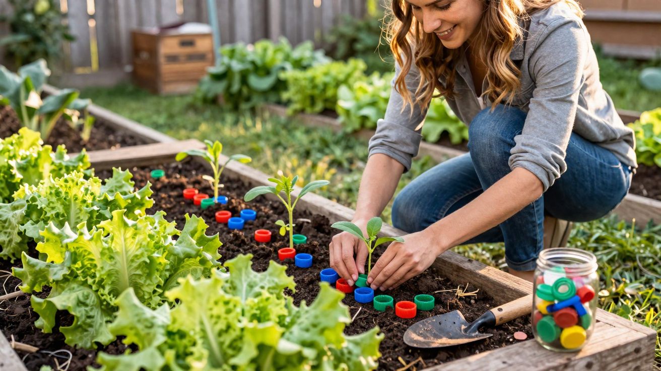 Mulher sorrindo planta mudas em canteiro de jardim com tampinhas coloridas ao redor das plantas.