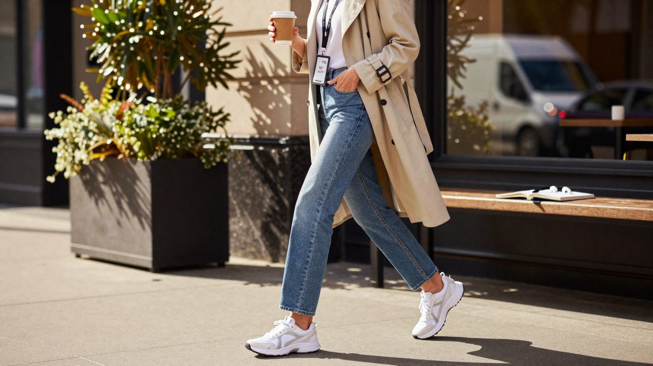 Pessoa caminhando na calçada com casaco bege, jeans azul, tênis branco e segurando copo de café.
