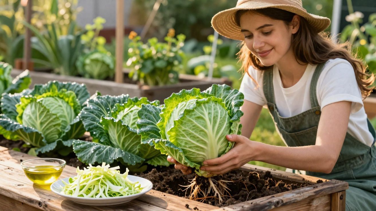 Jovem colhendo repolho em horta com prato de repolho ralado e azeite ao lado.