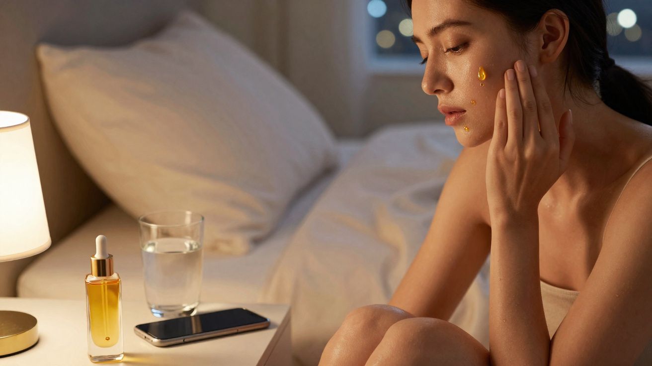 Mulher aplicando sérum facial sentada na cama ao lado de gaveta com água e celular.