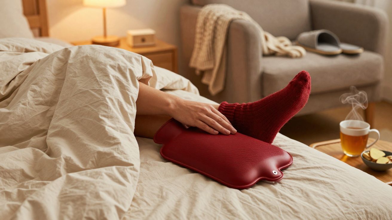 Pessoa com meia vermelha aquecendo pés com bolsa de água quente na cama em quarto aconchegante.