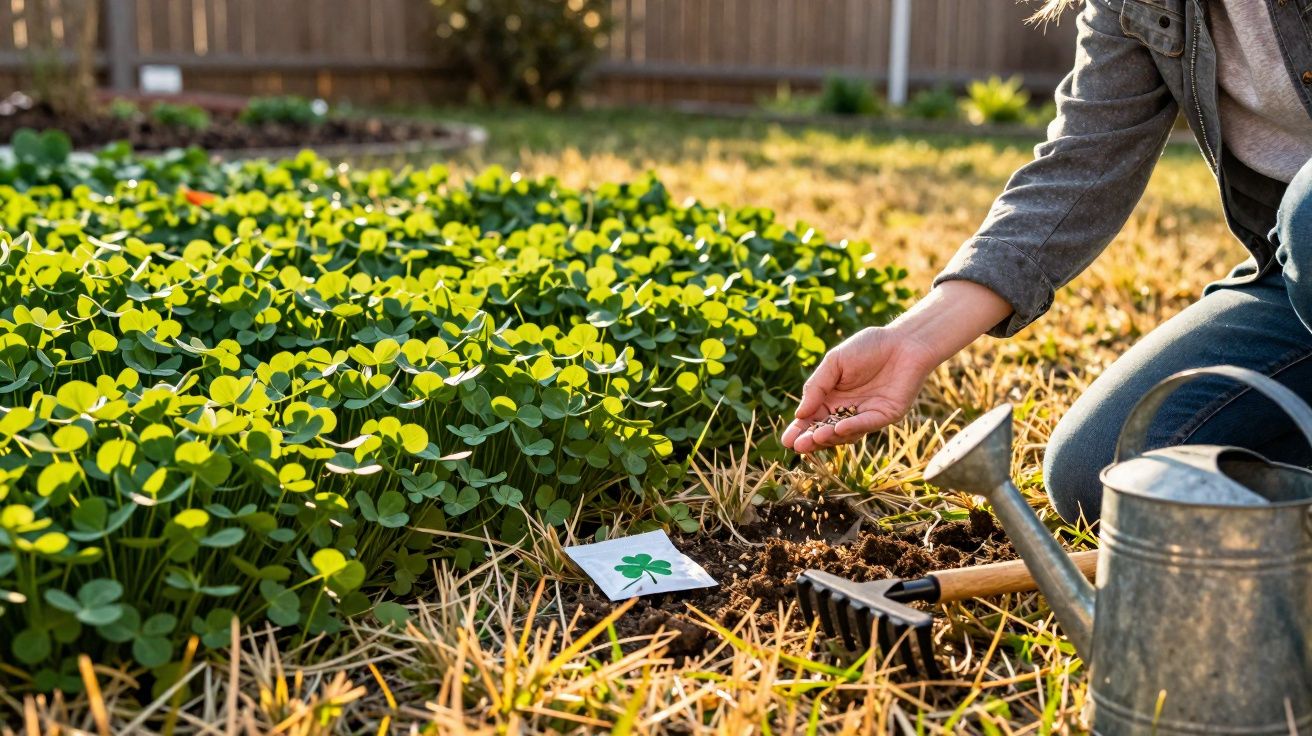 Pessoa plantando sementes de trevo em jardim com regador, rastelo e pacote de sementes.