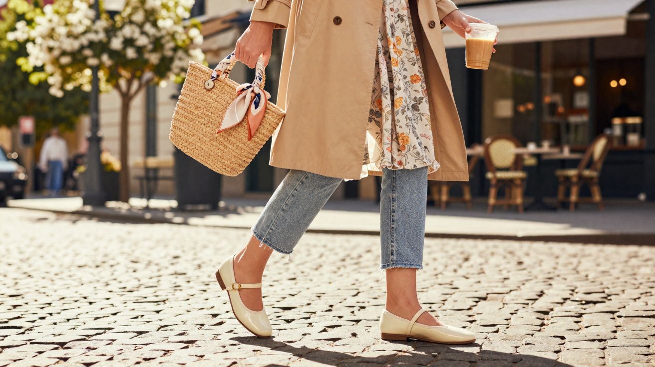 Pessoa caminhando em calçada de pedra, com casaco bege, jeans, bolsa de palha e café na mão.