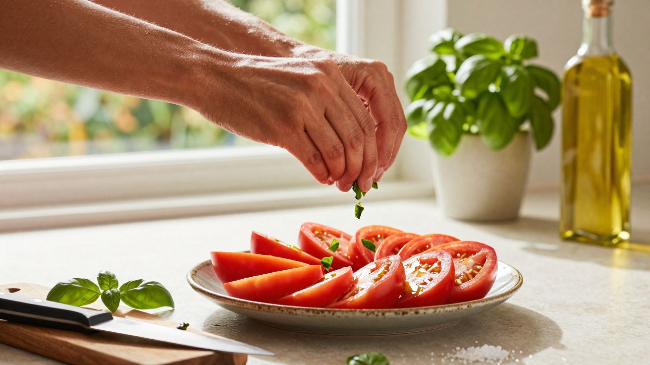 Mão temperando fatias de tomate com ervas frescas em prato na cozinha iluminada pela luz natural.