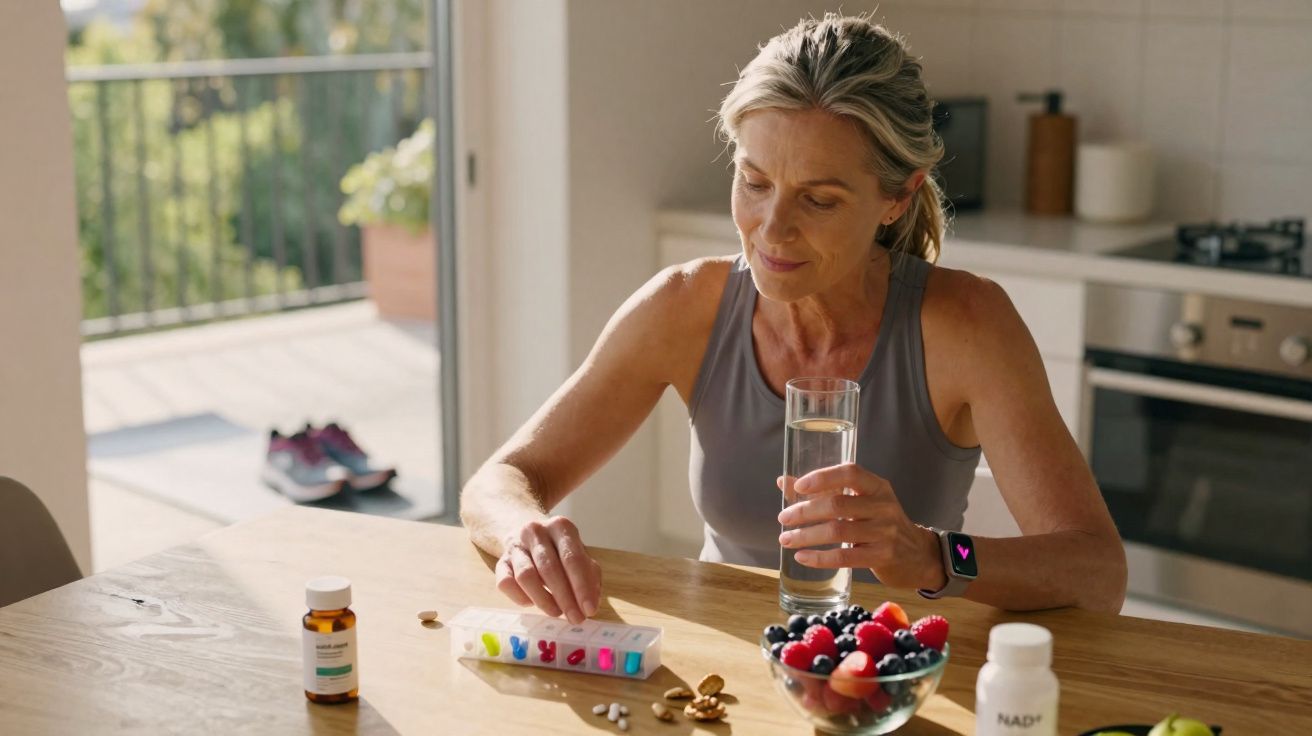 Mulher segurando copo de água e organizando medicamentos na cozinha com frutas e suplementos na mesa.