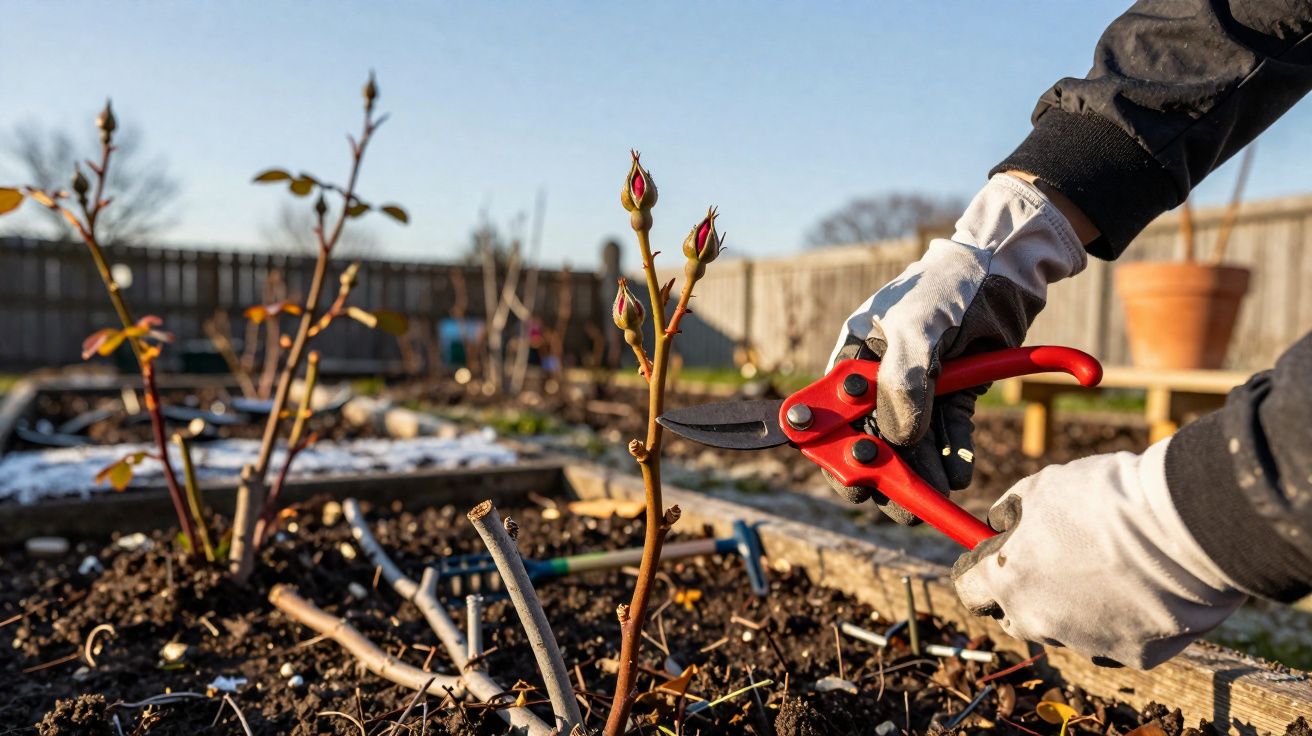 Pessoa com luvas brancas podando galho de rosa com tesoura vermelha em jardim ensolarado.