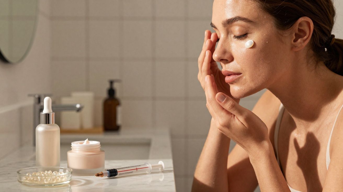 Mulher aplicando creme no rosto em banheiro com produtos de skincare sobre bancada branca.