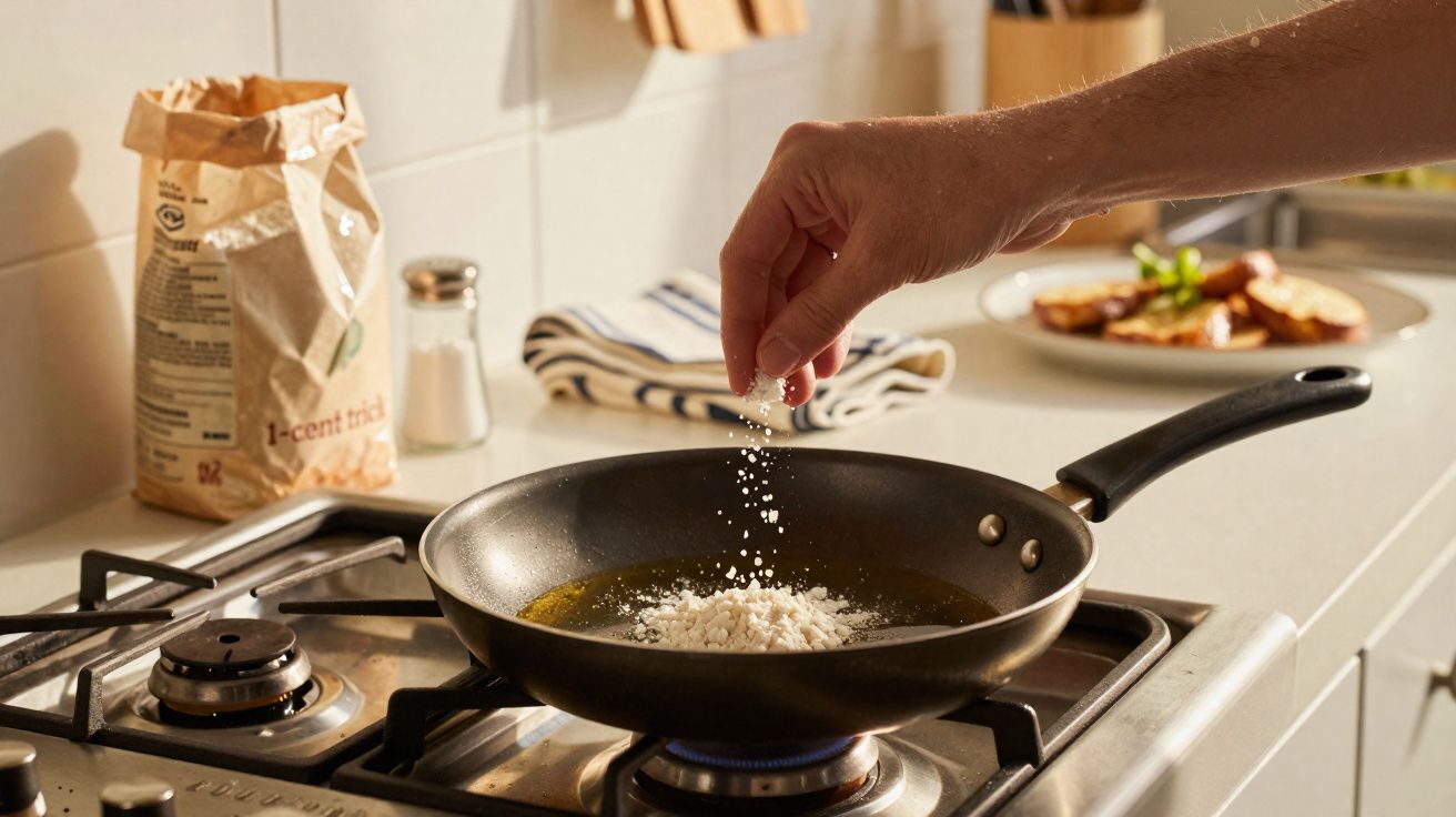 Mão salpicando sal em frigideira com óleo e farinha em fogão a gás na cozinha.