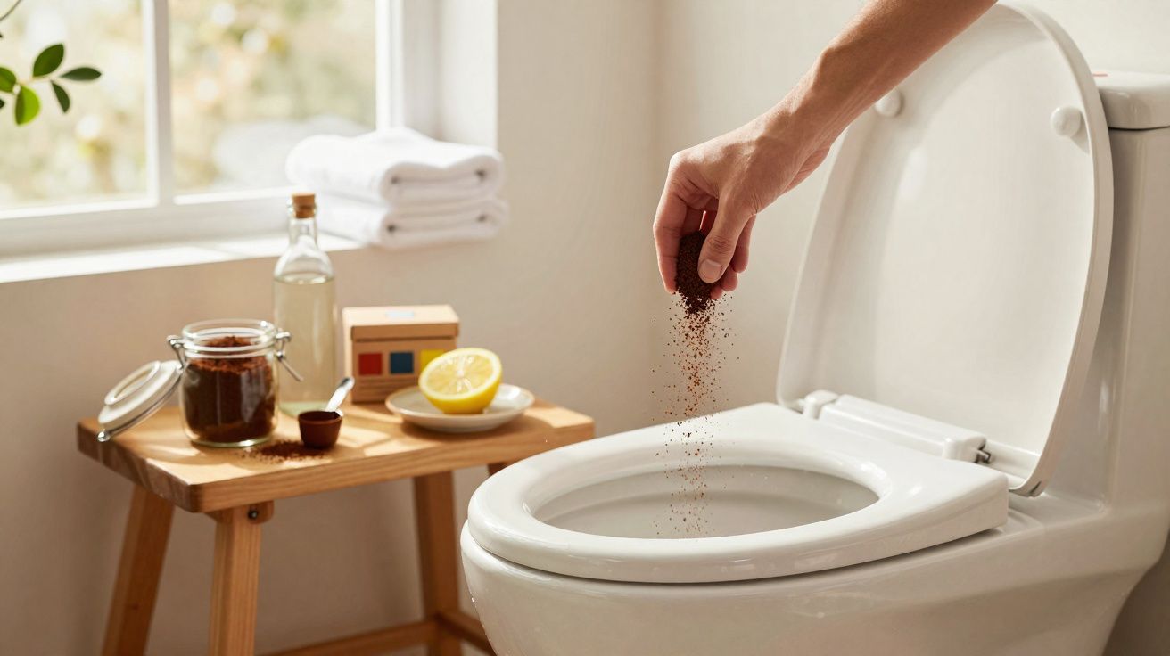 Mão espalhando pó de café no vaso sanitário em banheiro com mesa ao lado contendo limão, toalhas e frascos.