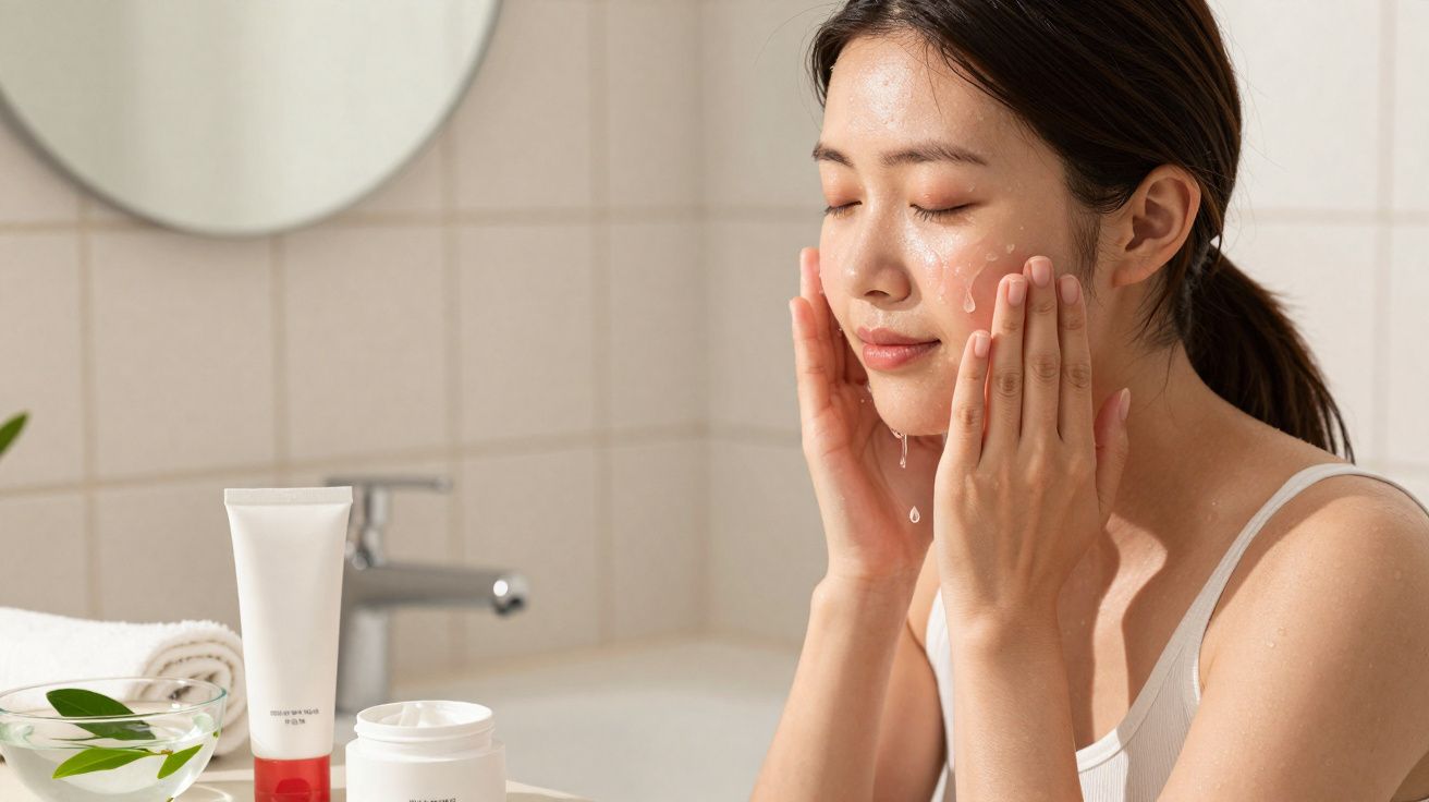 Mulher aplicando produto hidratante no rosto em banheiro claro com itens de skincare à frente.