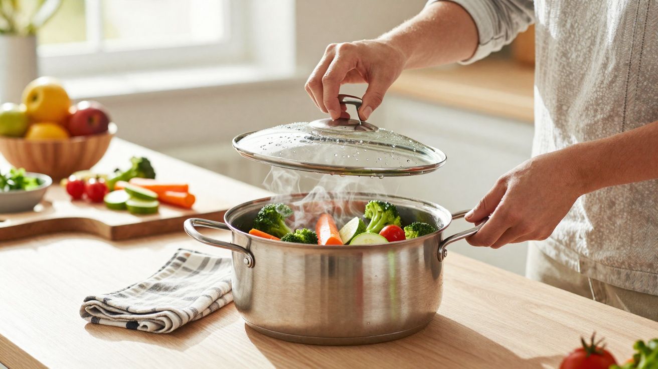 Pessoa tirando tampa de panela com legumes cozinhando em vapor na cozinha iluminada.