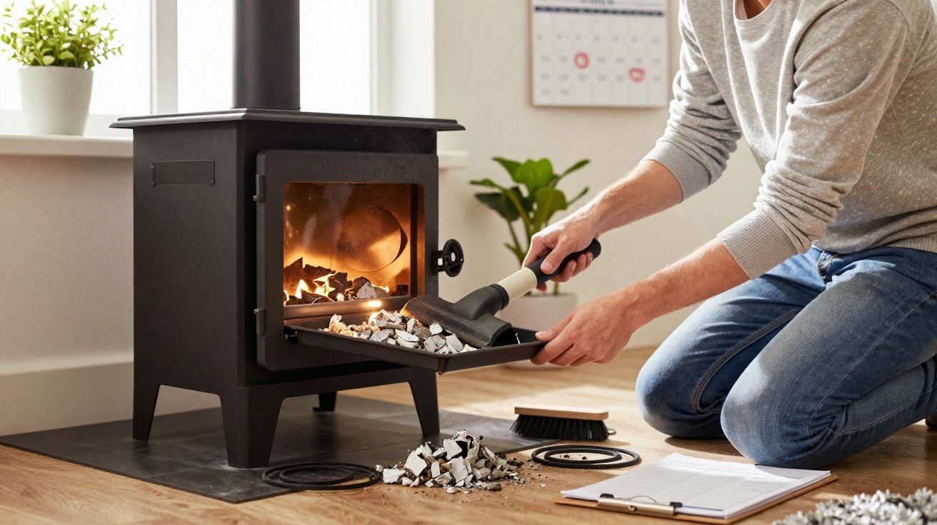Pessoa limpando cinzas de lareira a lenha preta com pá e escova em sala iluminada.