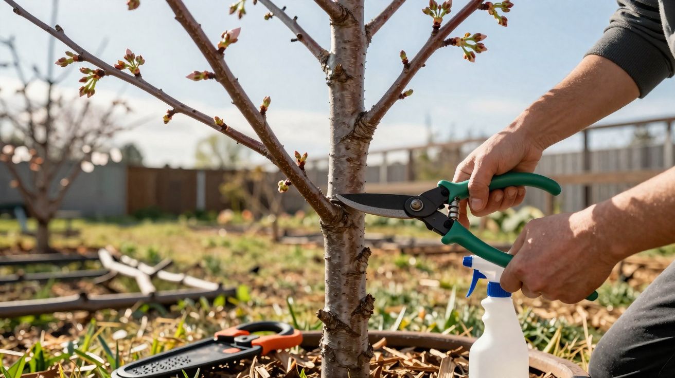 Pessoa podando galho de árvore jovem com tesoura de poda no jardim ensolarado