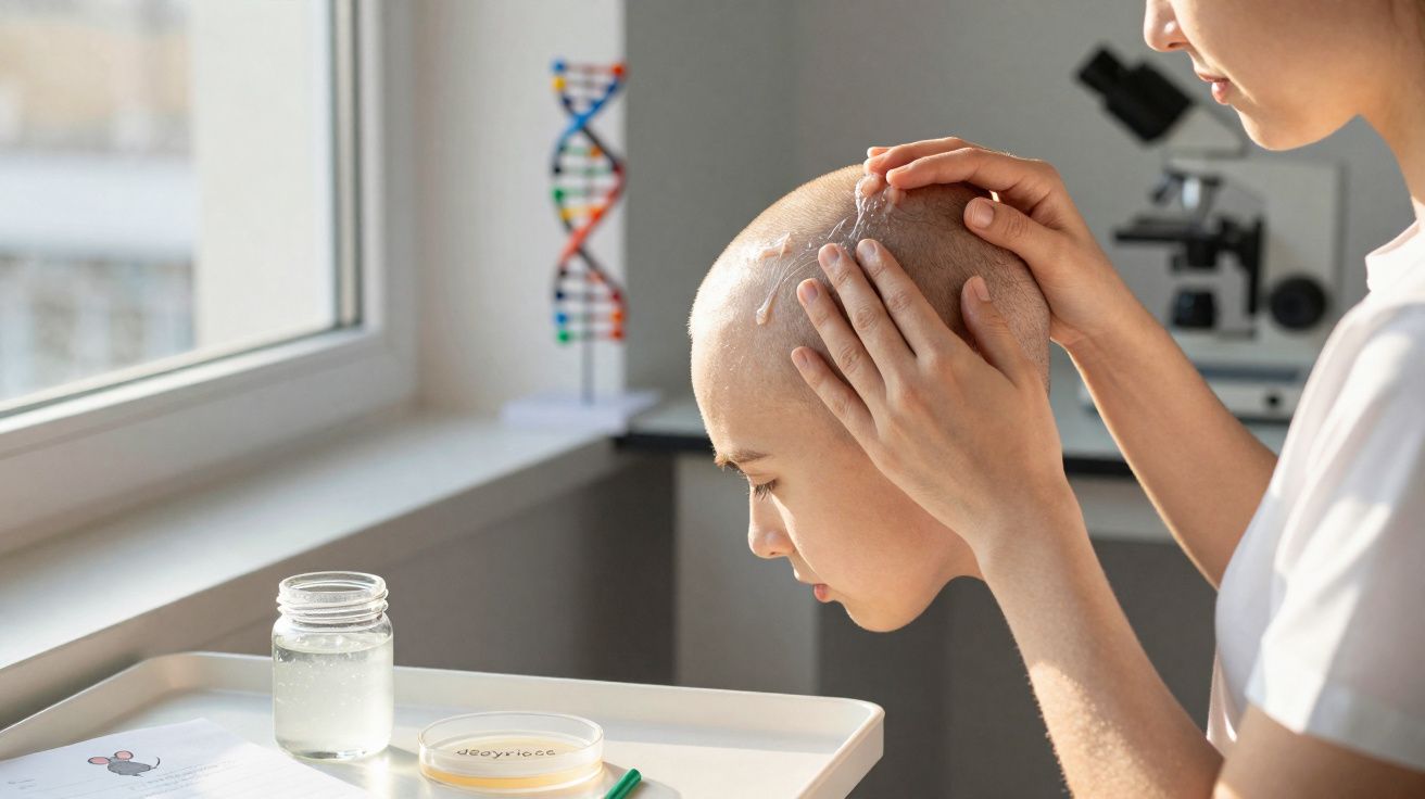 Cientista aplicando gel no couro cabeludo de paciente careca em laboratório iluminado pela luz natural.