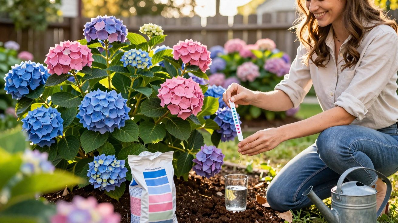 Mulher sorridente analisa pH do solo em jardim com hortênsias coloridas usando régua de teste.
