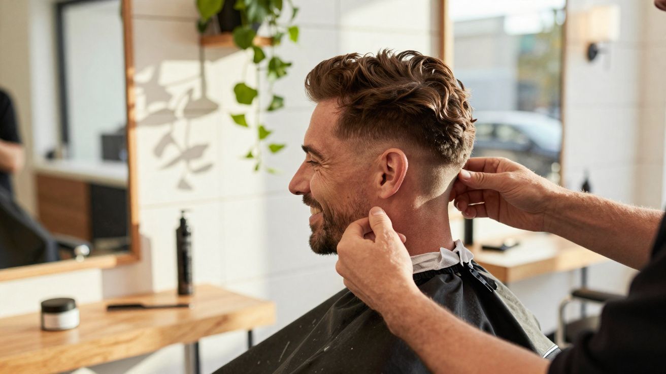 Homem sorrindo recebe corte de cabelo em barbearia iluminada e moderna.