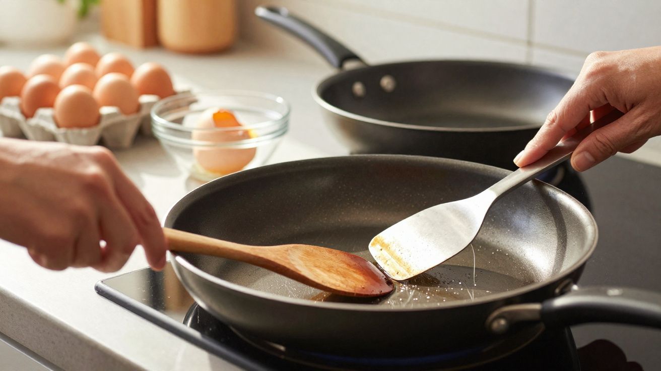 Duas mãos seguram utensílios para cozinhar enquanto preparam óleo em frigideira em fogão na cozinha.