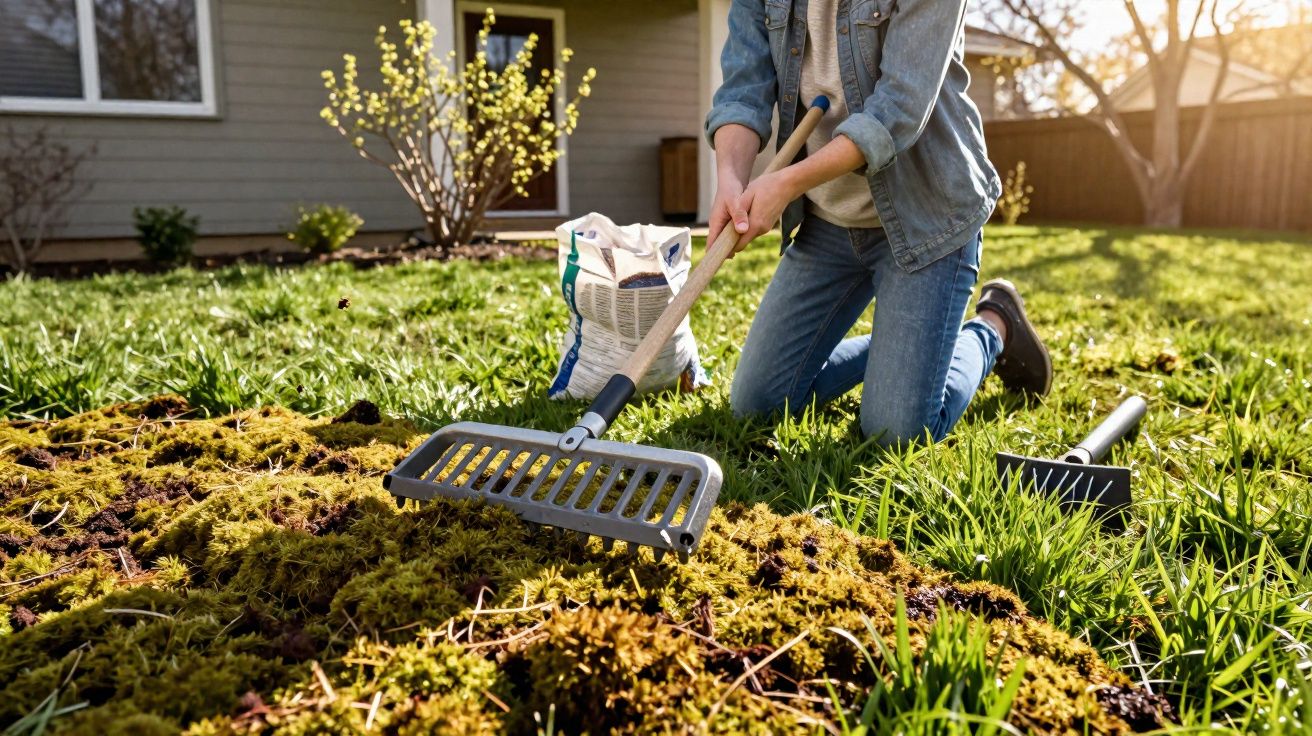 Pessoa agachada removendo musgo do jardim com ancinho em dia ensolarado.