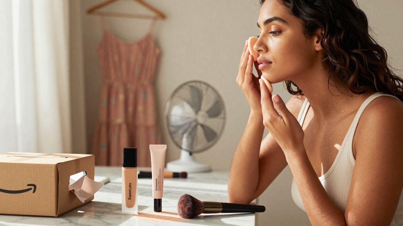 Mulher aplicando maquiagem no rosto, ao lado de produtos e pincel sobre mesa com caixa da Amazon.