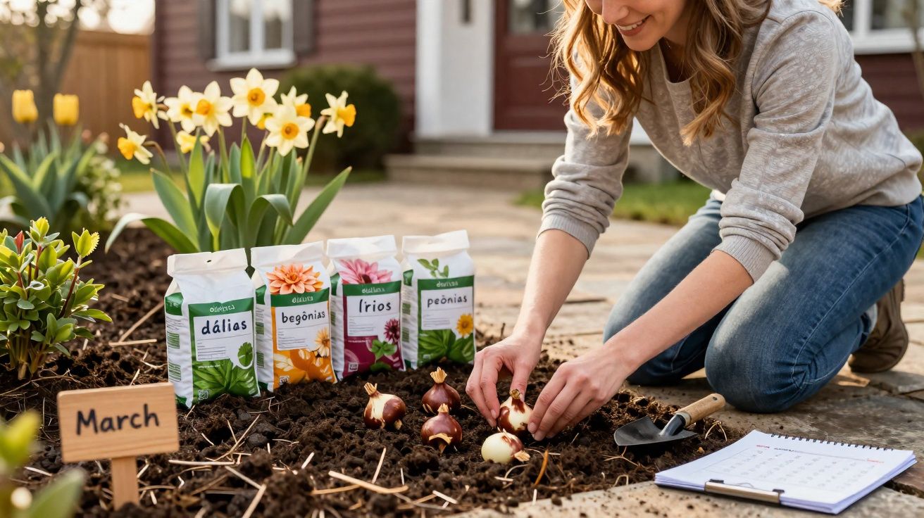 Mulher plantando bulbos de flores no jardim com pacotes de bulbos e placa com escrito March.