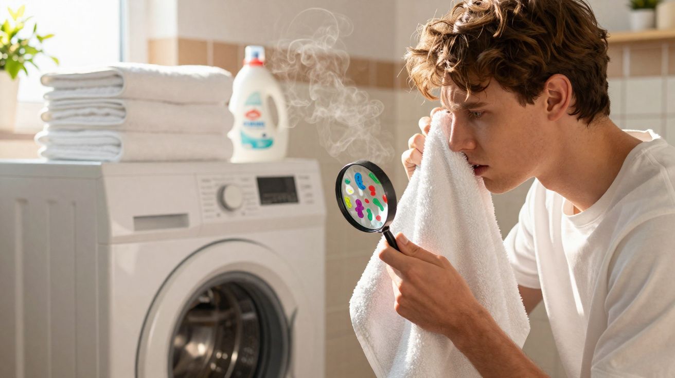 Jovem examina a toalha com lupa perto de máquina de lavar com vapor visível na lavanderia.