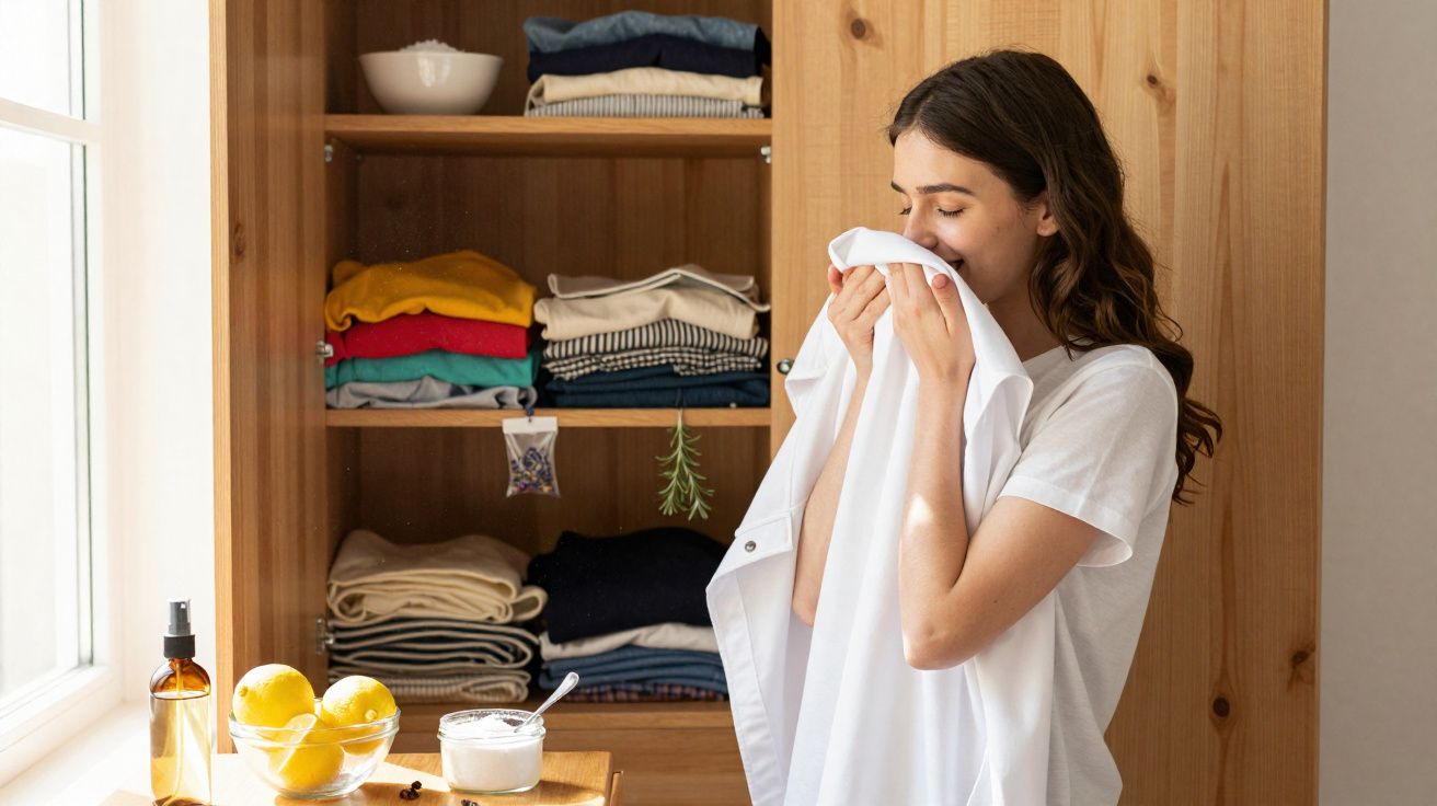 Mulher cheirando camisa branca limpa em quarto com armário de roupas e itens caseiros ao lado.