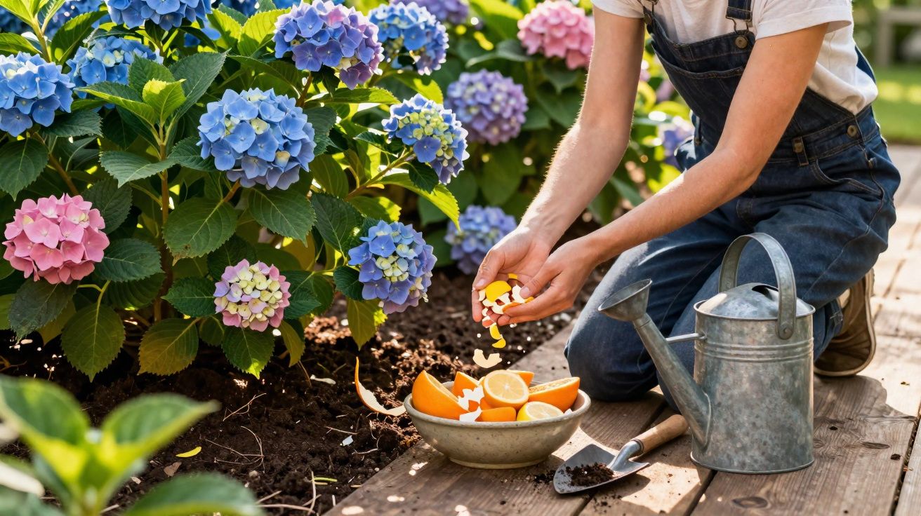 Pessoa preparando composto orgânico com cascas de frutas perto de flores hortênsias coloridas em jardim ensolarado.