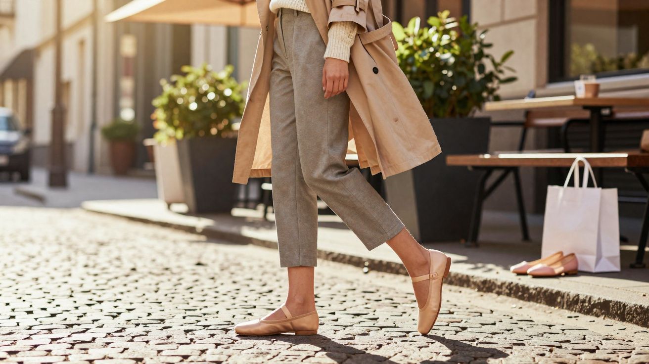 Pessoa caminhando em rua de paralelepípedo usando sapatos baixos e trench coat bege.