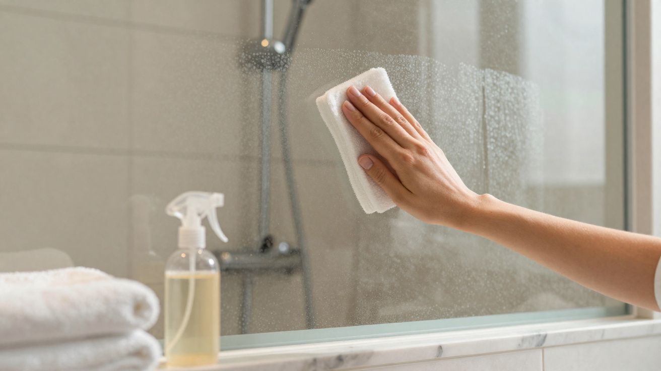 Pessoa limpando vidro de box de banheiro com pano branco ao lado de toalhas e frasco de spray.