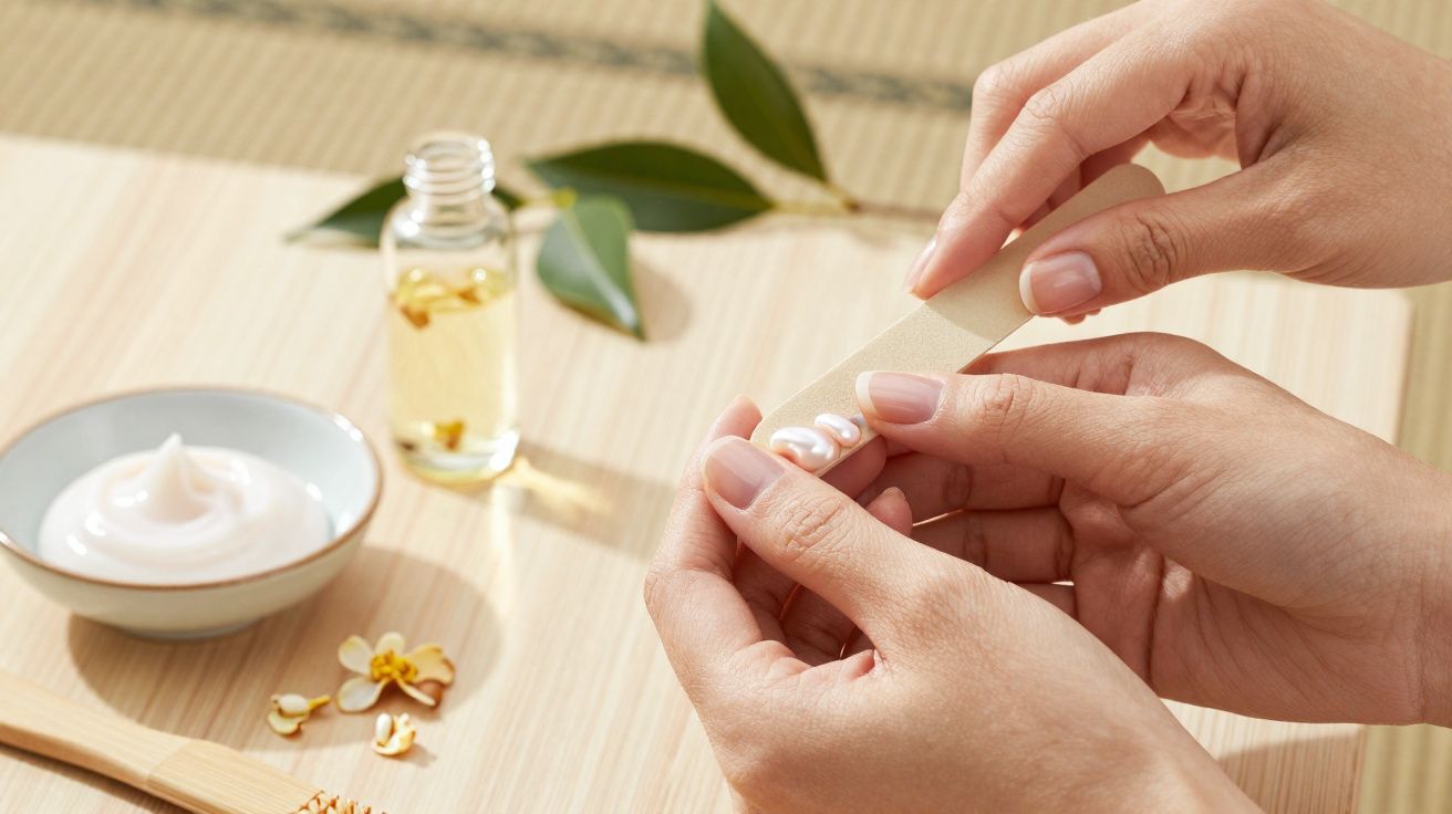Mãos aplicando creme em uma lixa de unha, com frascos e flores sobre superfície de madeira clara.