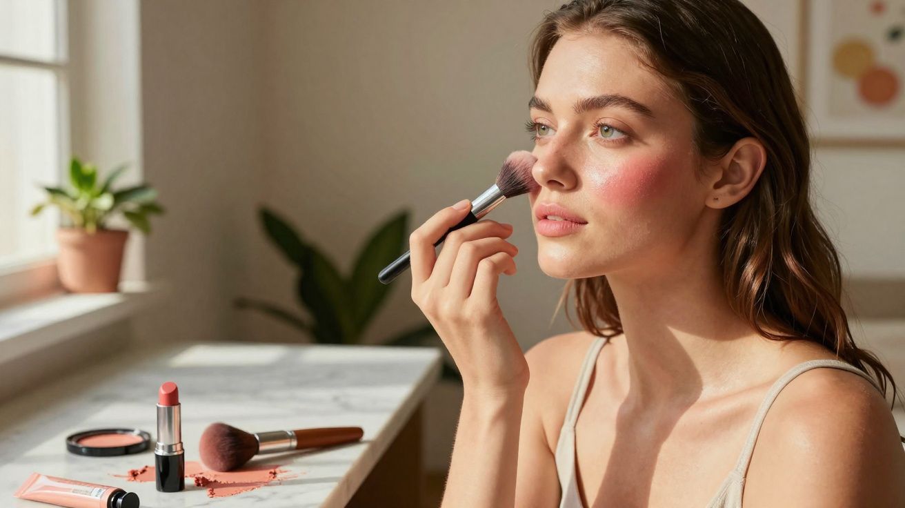 Mulher aplicando blush com pincel, sentada perto de mesa com maquiagem e planta ao fundo.