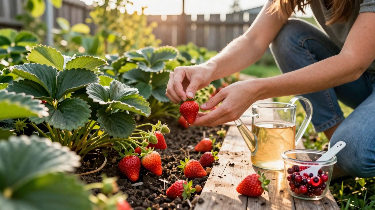Pessoa colhendo morango em horta ao ar livre com regador e recipiente de frutas vermelhas ao lado.
